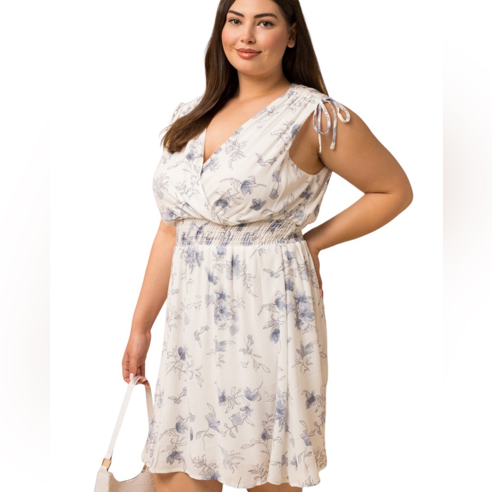 2X Floral Mini Dress V-Neck Tie-Shoulders